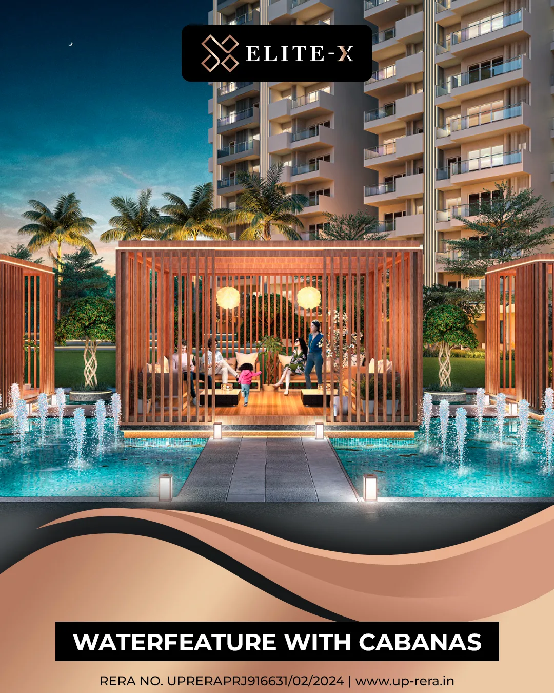 ELITE-X waterfeature with luxury cabanas